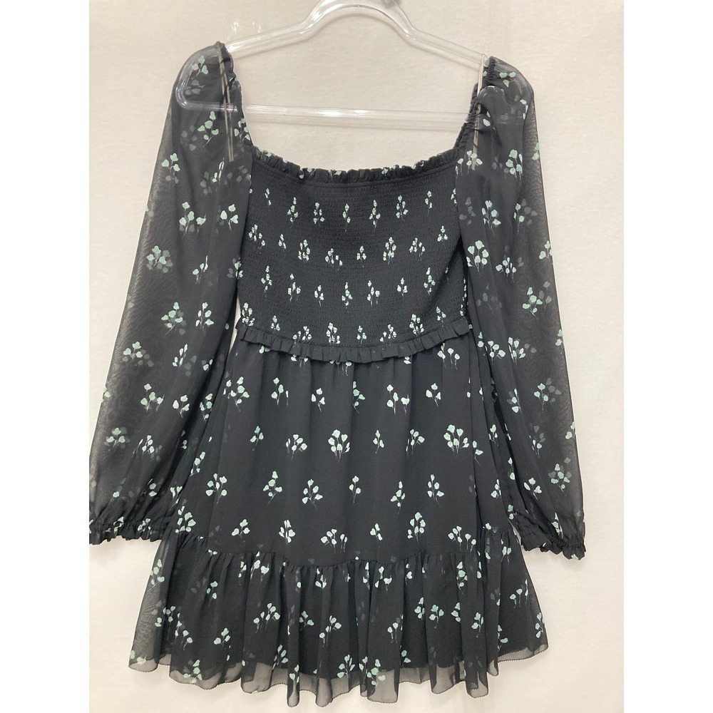 NWT Aritzia Wilfred Tempest Dress Size Small Black Aqua Floral Chiffon Smocked